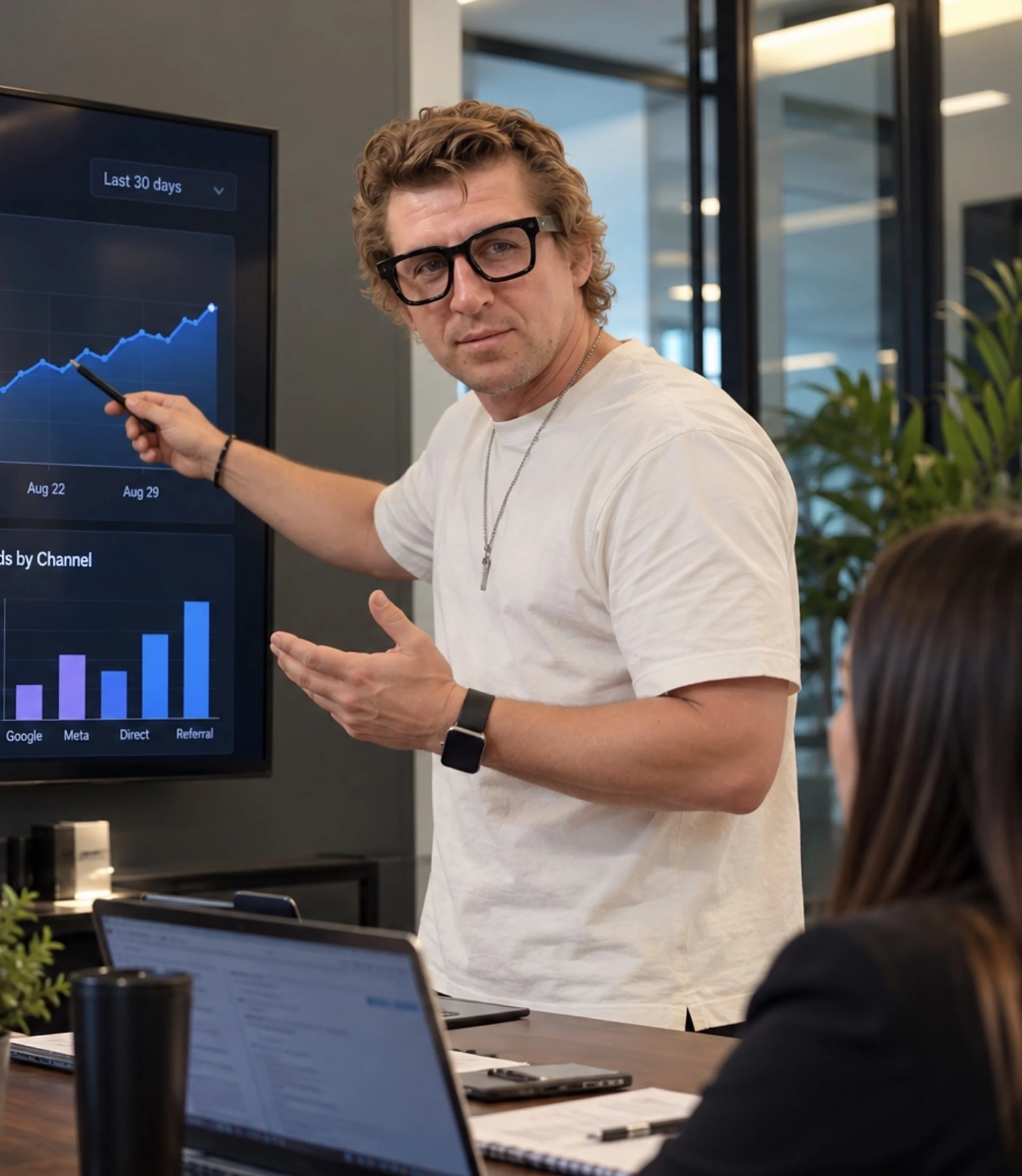 Максим Десятников показывает систему на графиках